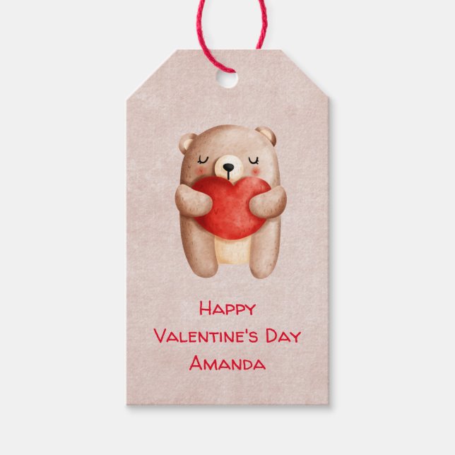 Cute Nalle med ett rött hjärta Alla hjärtans Presentetikett (Framsidan)