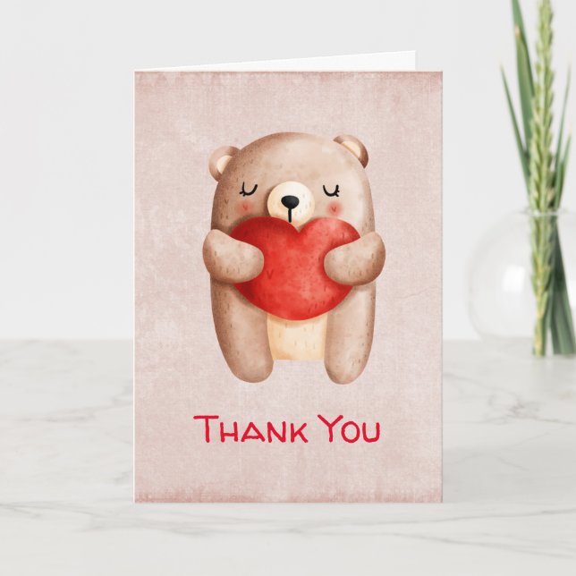 Cute Nalle med ett rött hjärta-Tack Kort (Framsida)