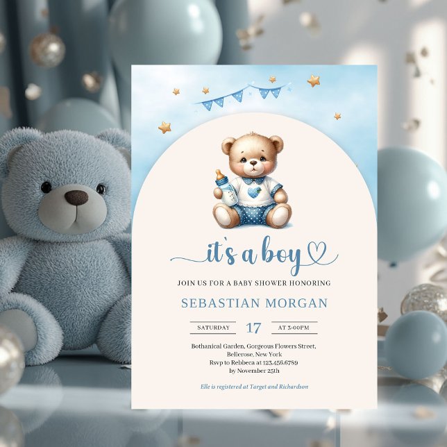 Cute nalle med flaska-bågpojke inbjudningar (cute teddy bear with baby bottle arched boy baby shower invitation)