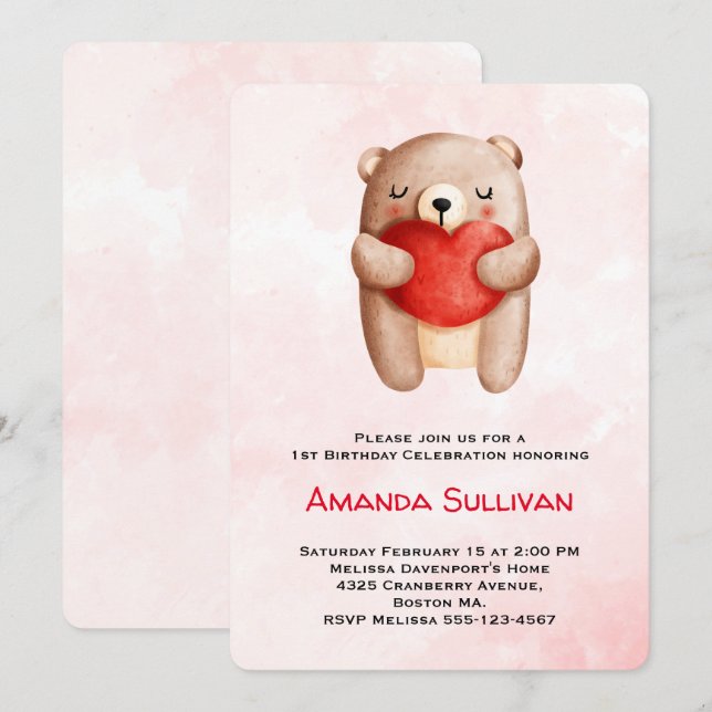 Cute Nalle med rödhjärtans födelsedag Inbjudningar (Fram/baksida)