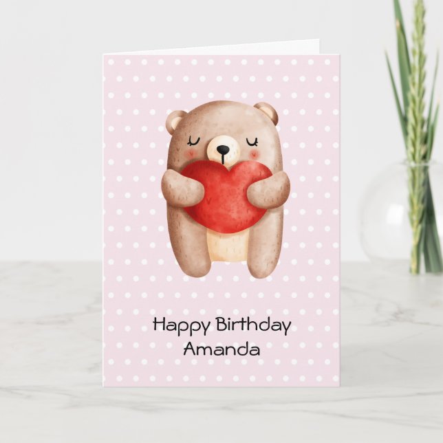 Cute Nalle med rödhjärtans födelsedag Kort (Framsida)