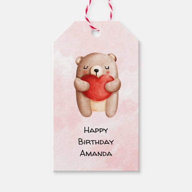 Cute Nalle med rödhjärtans födelsedag Presentetikett (Framsidan)