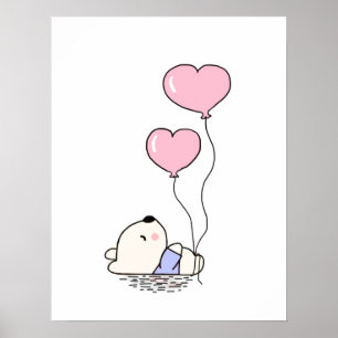 Cute Nalle med Rosa Balloons Girls Bedroom Poster