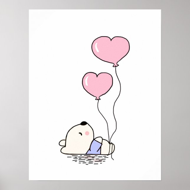 Cute Nalle med Rosa Balloons Girls Bedroom Poster (Framsidan)