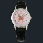 Cute Nalle med rött hjärta Armbandsur<br><div class="desc">En klocka med en söt illustration av vattenfärgen. En brun nalle med stort rött hjärta. Lite polka dots på rosa.</div>