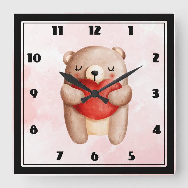 Cute Nalle med rött hjärta Fyrkantig Klocka (Framsida)
