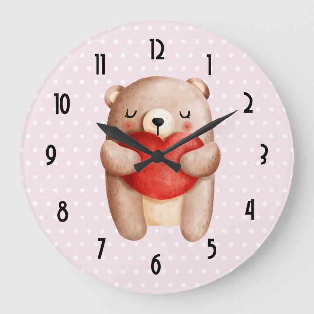 Cute Nalle med rött hjärta på Polka dots Stor Klocka (Framsida)