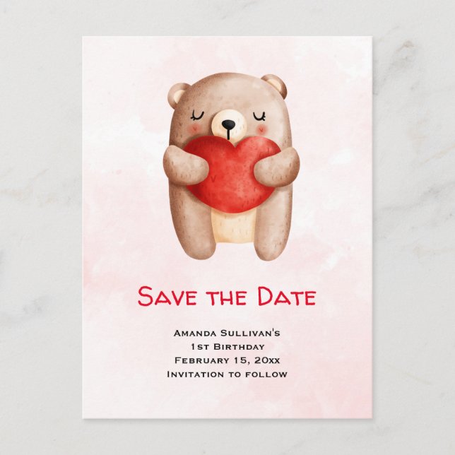 Cute Nalle med rött hjärta Spara datumet Inbjudan Vykort (Framsida)