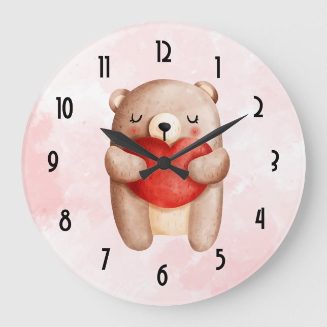 Cute Nalle med rött hjärta Stor Klocka (Framsida)