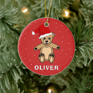 Cute Nalle med Santa Hat Namn Julgransprydnad Keramik