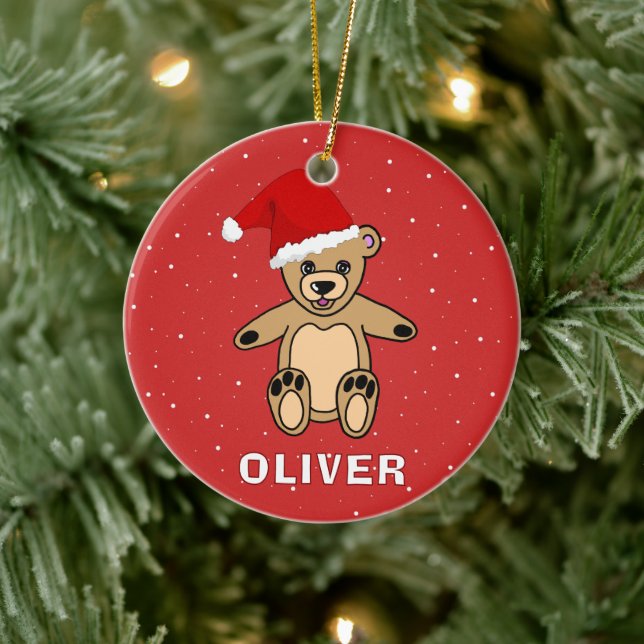 Cute Nalle med Santa Hat Namn Julgransprydnad Keramik (Träd)