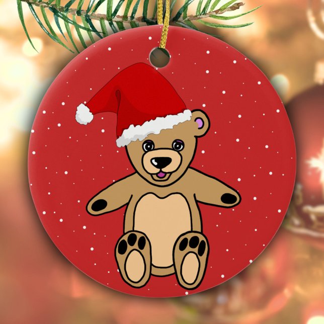 Cute Nalle med Santa Hat Red Kids Julgransprydnad Keramik (Skapare uppladdad)