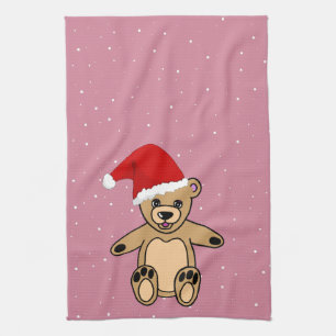 Cute Nalle med Santa Hat Rosa jul Kökshandduk