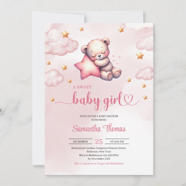 Cute Nalle med stjärnornas babydusch Inbjudningar (Framsida)