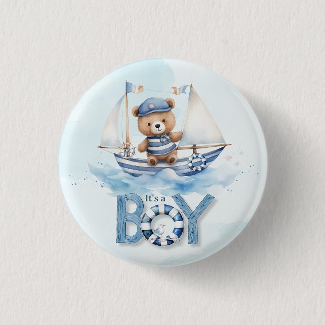 Cute Nalle Nautical Boat Boy Shower Knapp (Framsida)