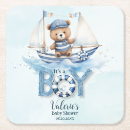 Cute Nalle Nautical Boat Boy Shower Underlägg Papper Kvadrat