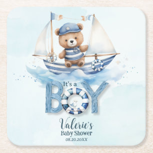 Cute Nalle Nautical Boat Boy Shower Underlägg Papper Kvadrat