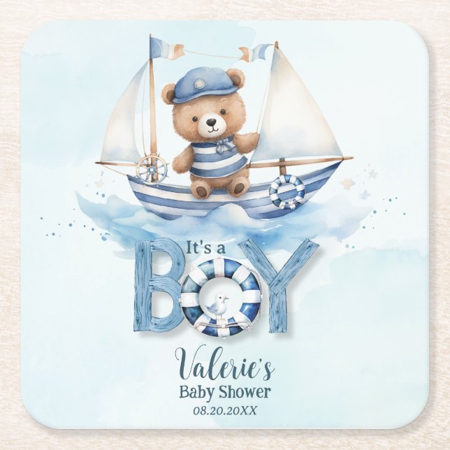 Cute Nalle Nautical Boat Boy Shower Underlägg Papper Kvadrat (Framsidan)