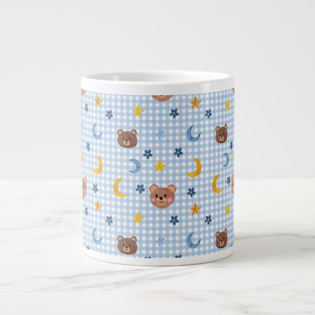 Cute Nalle och Måne Mönster på Blue Gingham Jumbo Mugg (Framsidan)
