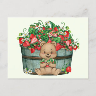 Cute Nalle och Rustic Strawberry Basket Vykort
