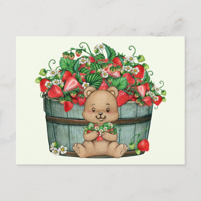 Cute Nalle och Rustic Strawberry Basket Vykort (Framsida)