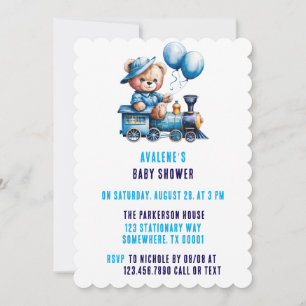 Cute Nalle och Tåg Boy Baby Shower Inbjudningar