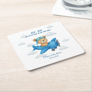 Cute Nalle på en Flygplan Baby Shower Underlägg Papper Kvadrat