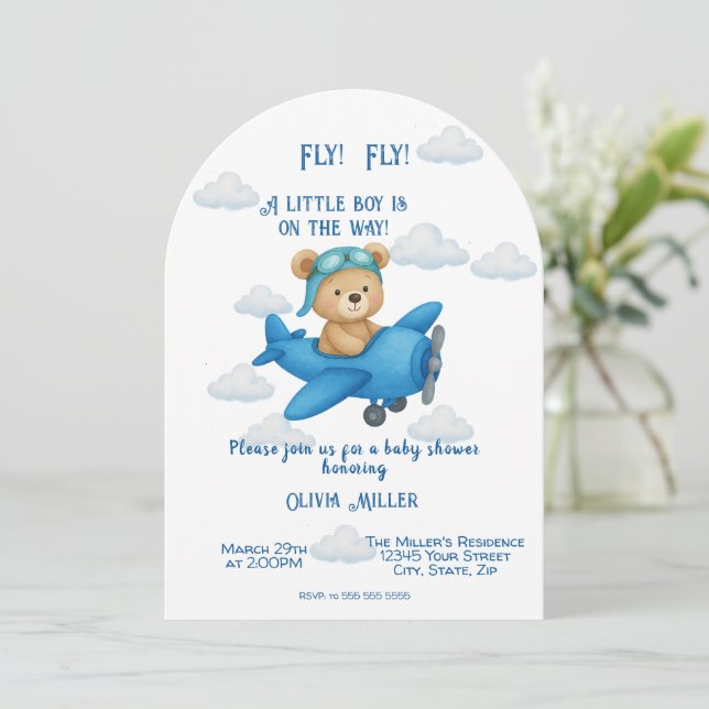 Cute-Nalle på flygplanet - inbjudan till babydusch (Stående Fram)