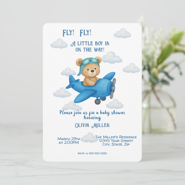 Cute-Nalle på flygplanet - inbjudan till babydusch (Stående Fram)