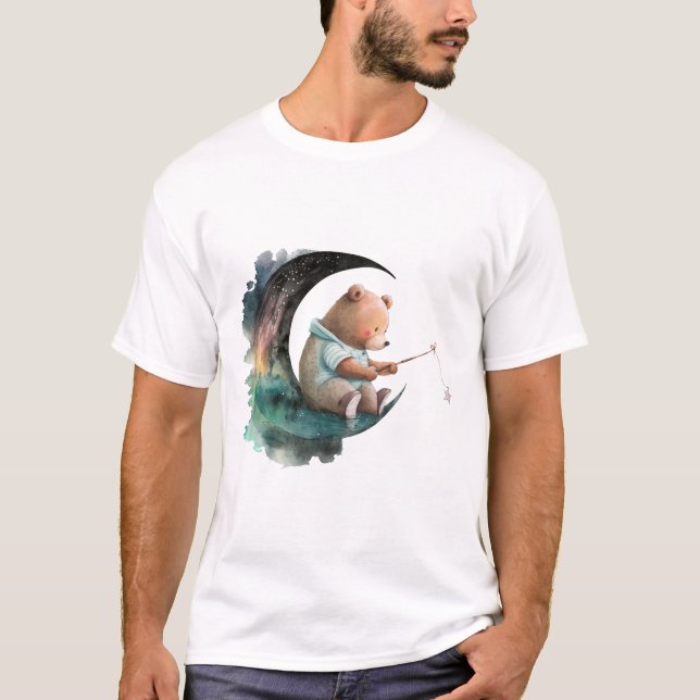 Cute Nalle på Måne, Push Tecknad Bear T Shirt (Framsida)