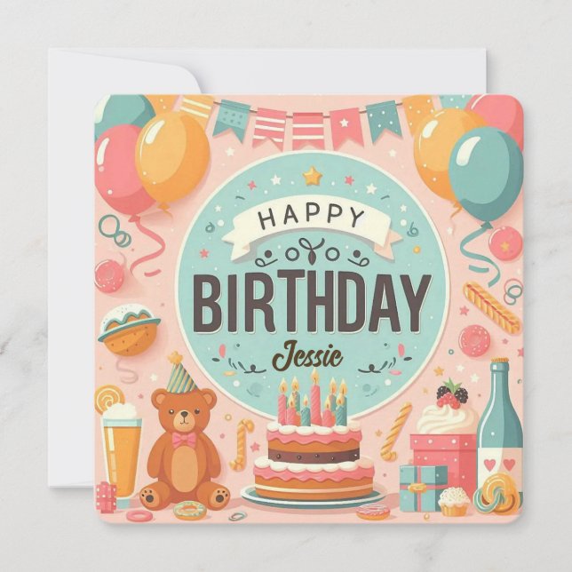 Cute Nalle Pastel Rosa Grattis på födelsedagen Inbjudningar (Framsida)