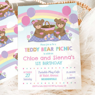 Cute Nalle Picnic Birthday Girls Twillingar Inbjudningar