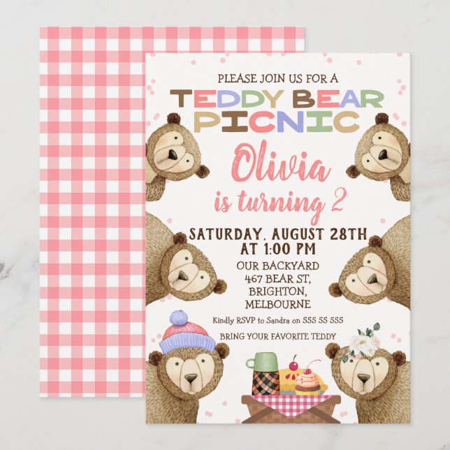 Cute Nalle Picnic Birthday-inbjudan Flicka Inbjudningar (Fram/baksida)