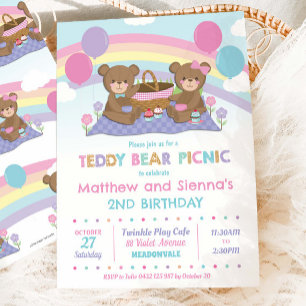 Cute Nalle Picnic Birthday Twillingars Boy Girl Inbjudningar