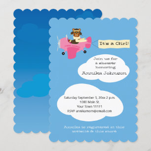 Cute Nalle Pilot Airplan Det är en flicka Inbjudningar