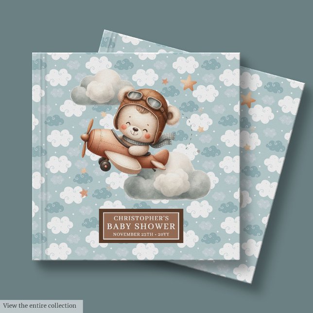 Cute Nalle Pilot Baby Shower Guest Bok Blue (Cute Teddy Bear Pilot Baby Shower Guest Book Blue)