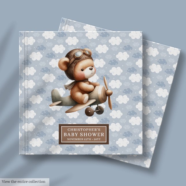 Cute Nalle Pilot Baby Shower Guest Bok Boy (Cute Teddy Bear Pilot Baby Shower Guest Book Boy)