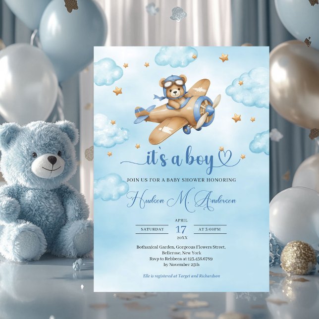 Cute nalle Pilot, babydusch Inbjudningar (teddy bear pilot brown and blue boy baby shower invitation)