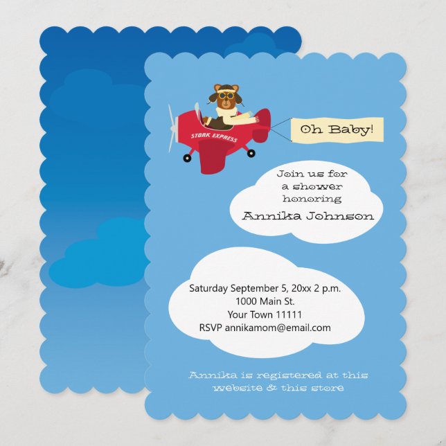 Cute Nalle Pilot Flygplan Genusneutralt Inbjudningar (Fram/baksida)
