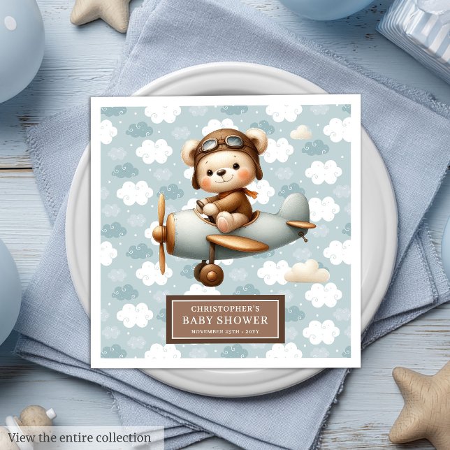 Cute Nalle Pilot Napkins Pojke Firande Pappersservett (Cute Teddy Bear Pilot Napkins Baby Boy Celebration)