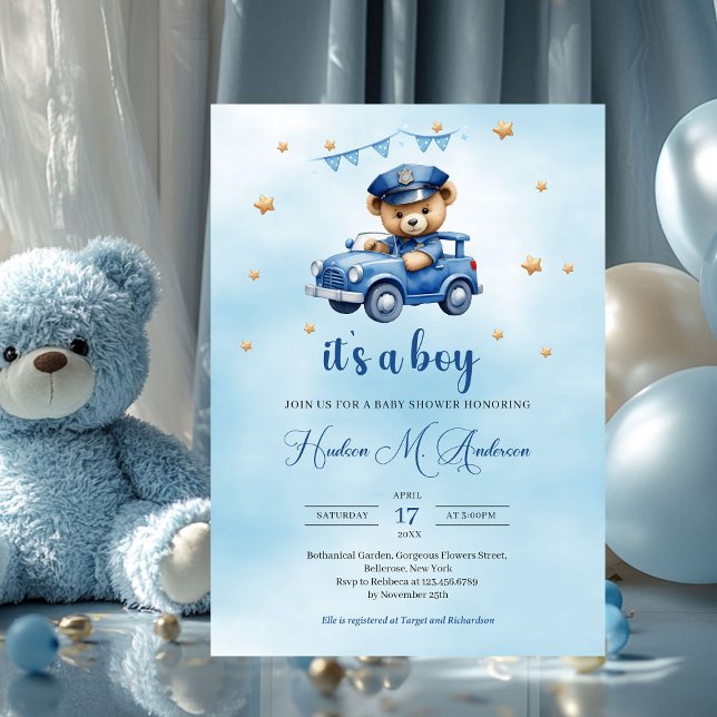 Cute nalle Polisman, babydusch Inbjudningar (teddy bear policeman in car boy baby shower invitation)