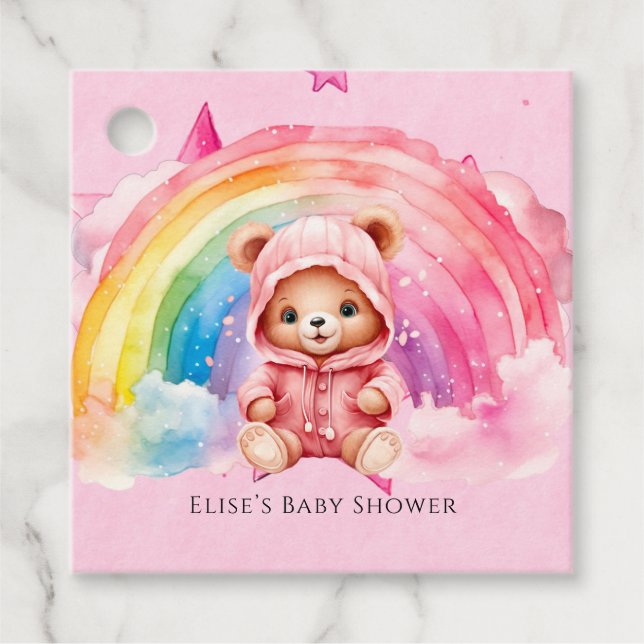 Cute Nalle Rainbow Girl Baby Shower Gåvor Etiketter (Framsida)