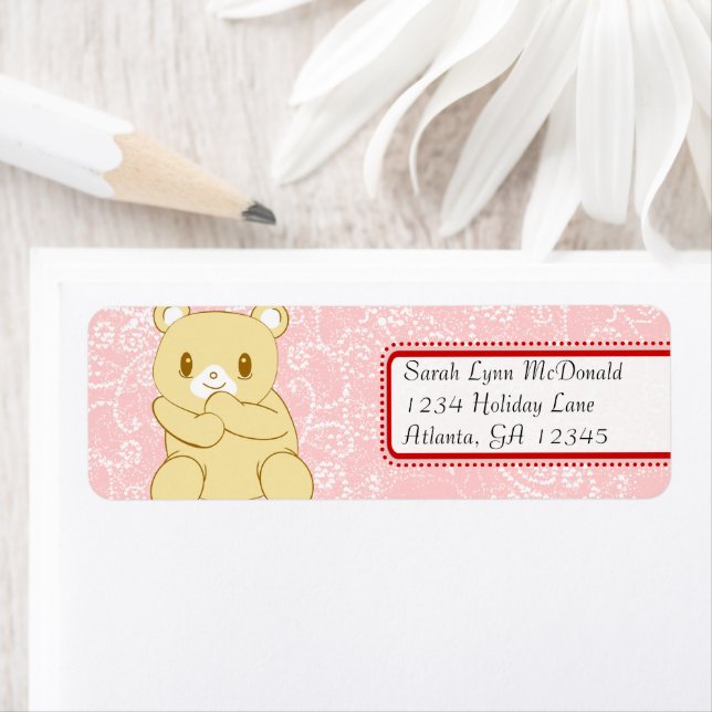 Cute Nalle Red Rosa Dots & Hearearts Returadress Etikett (Insitu)