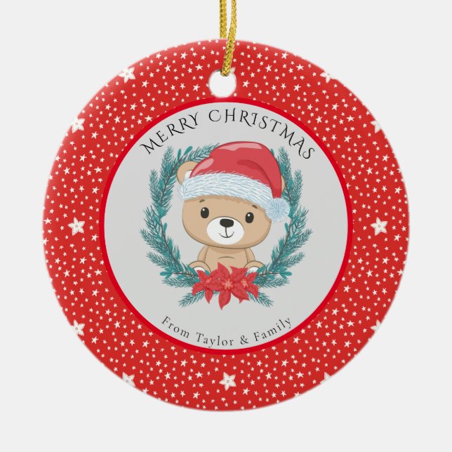 Cute Nalle Red White Stars God jul Julgransprydnad Keramik (Framsidan)