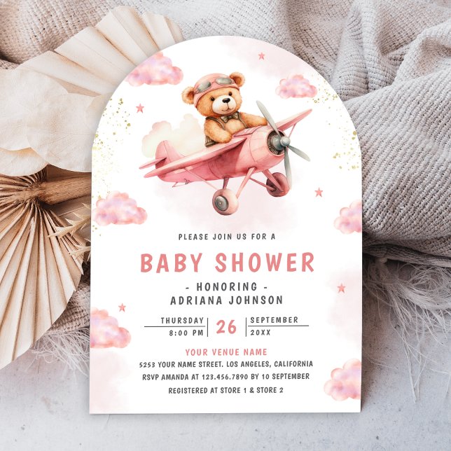 Cute Nalle Rosa Airplan Arch Baby Shower Inbjudningar (Skapare uppladdad)