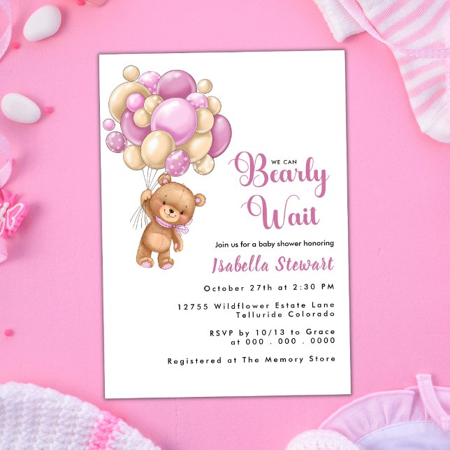 Cute Nalle Rosa Balloon Girl Baby Shower Inbjudningar (Skapare uppladdad)