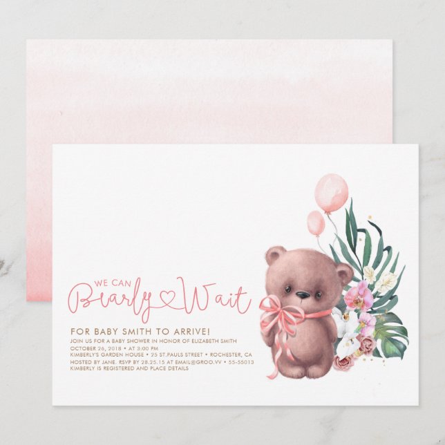 Cute Nalle Rosa Barly Wait Girl Baby Shower Inbjudningar (Fram/baksida)
