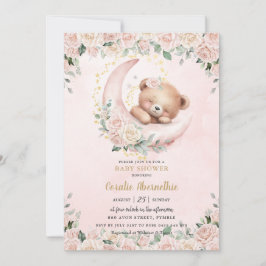 Cute Nalle  Rosa Blommigt Girl Baby Shower Inbjudningar