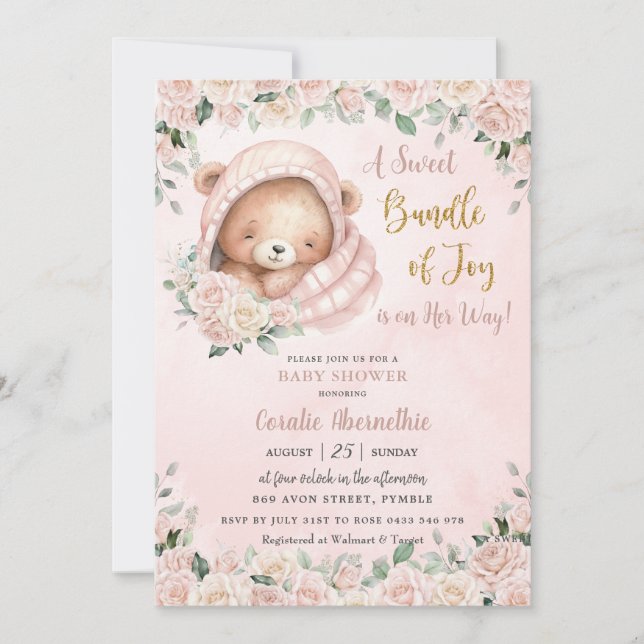 Cute Nalle  Rosa Blommigt Girl Baby Shower Inbjudningar (Framsida)