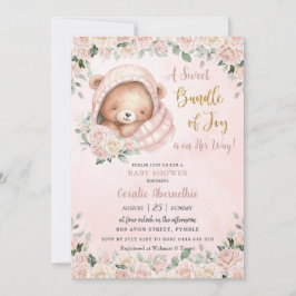 Cute Nalle  Rosa Blommigt Girl Baby Shower Inbjudningar